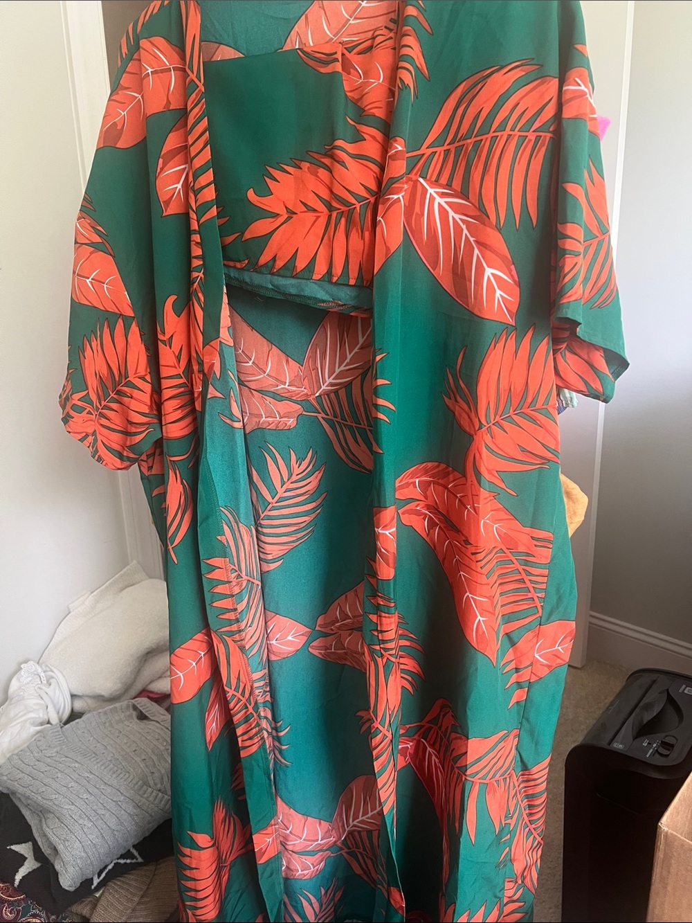 Green and Coral Leaf Print Kimono and Shorts Resort Wear Set